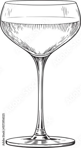 Retro Glass of Champagne, Wineglass Vector Illustration, Sketch Drawing Line Linear Symbol Icon Engraving Coloring Book, Hand-drawn Black and White Isolated