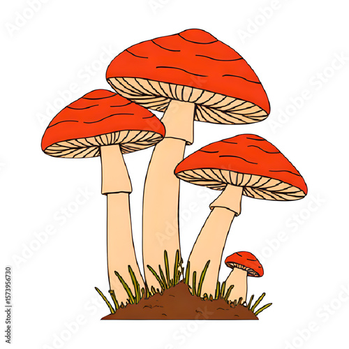A cluster of red and white toadstool mushrooms growing from the ground with grass
