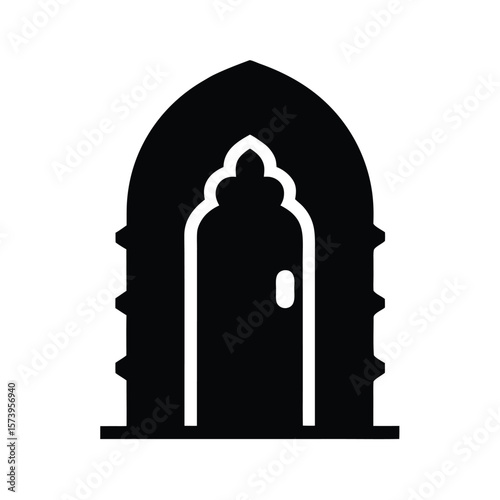 Historic arched door silhouette with detailed iron hinges for vintage building illustrations
