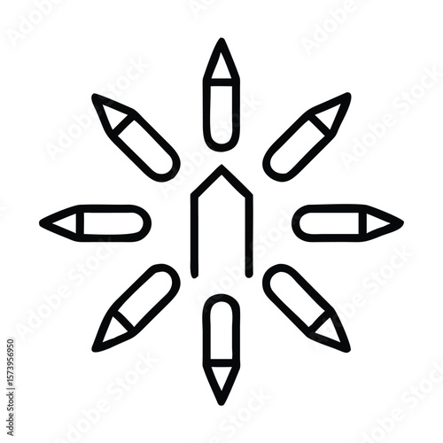 Abstract geometric illustration of a building surrounded by pencils in a simple design