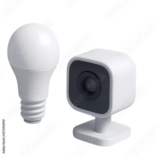 Minimal 3D smart home camera and LED bulb in white matte finish on black background, modern home automation, security surveillance, energy efficient technology and smart living icon concept