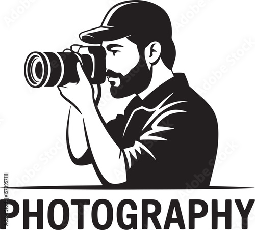  Male Photographer with Camera and Cap for Photography Studio Logo or Icon Black White Vector Art