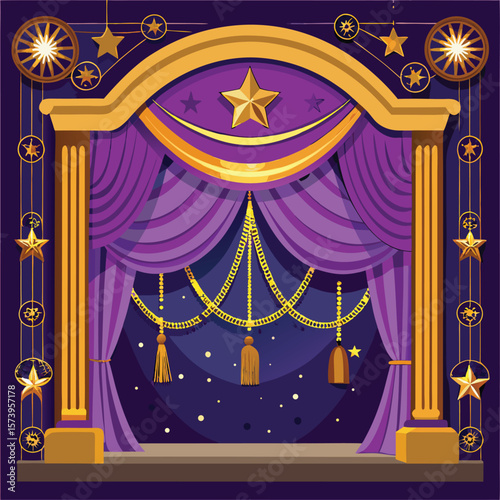 Golden stars adorn purple stage curtains theater
