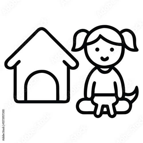 Adorable child with dog house icon illustrating pet ownership and childhood joy
