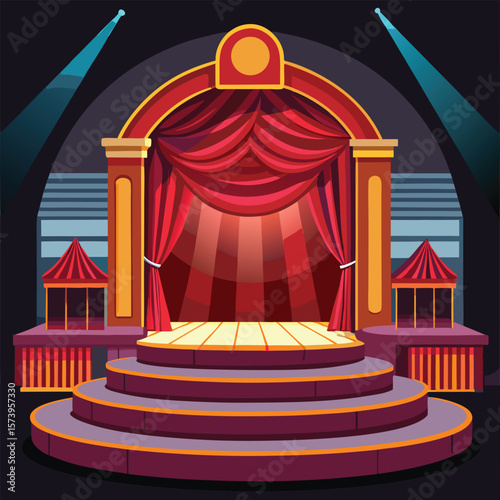 Grand stage with red velvet curtains and spotlights