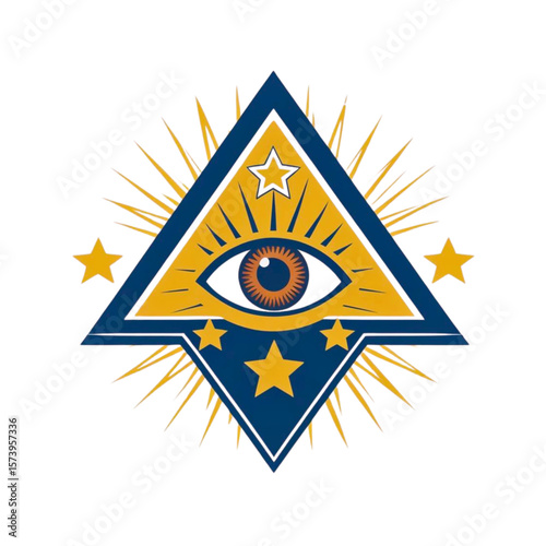 All seeing eye within a triangle surrounded by stars and rays