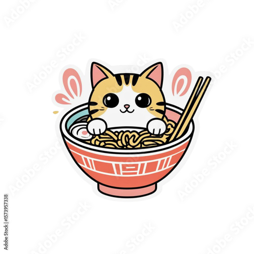 Cute cartoon cat happily sitting in a bowl of delicious ramen noodles