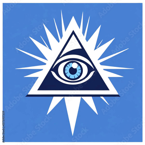 All seeing eye within a triangle surrounded by sharp rays on a blue background