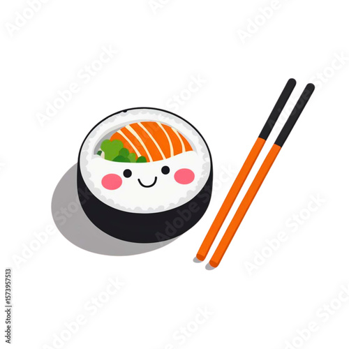 Cute smiling sushi roll with salmon and chopsticks 