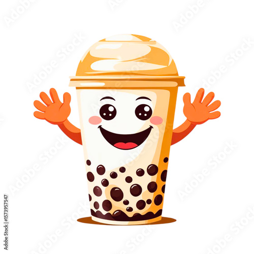Happy cartoon boba tea character waving hello with a friendly smile