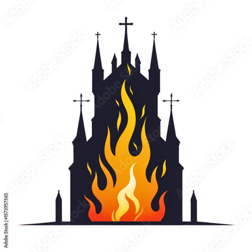 Gothic church silhouette engulfed in vibrant flames 