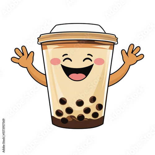 Happy kawaii boba tea drink with tapioca pearls and arms waving