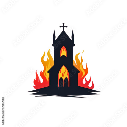 Silhouette of a church engulfed in flames 