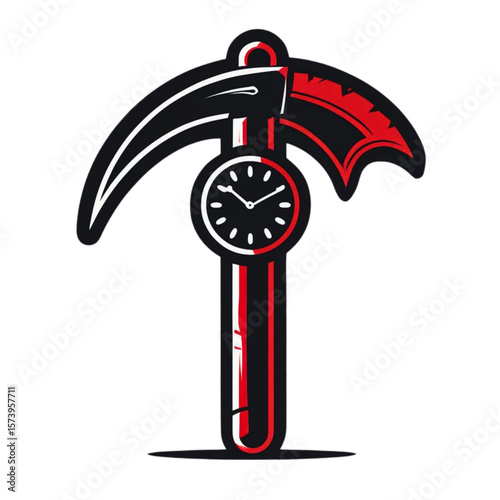 Stylized grim reaper scythe combined with a wristwatch and red accents
