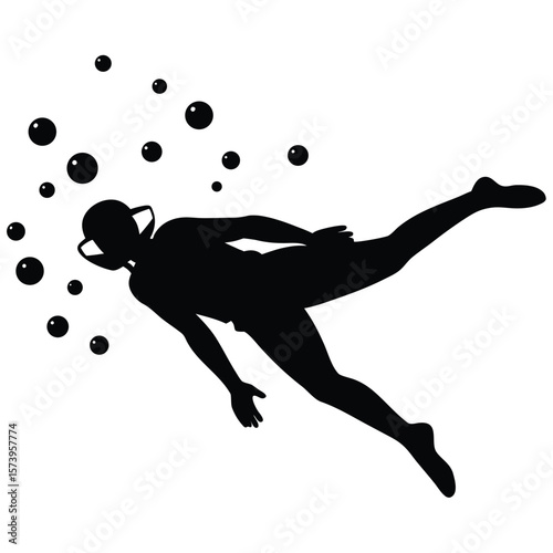 Silhouette of a Diver Underwater with Bubbles Rising Deep Sea Exploration on White Background