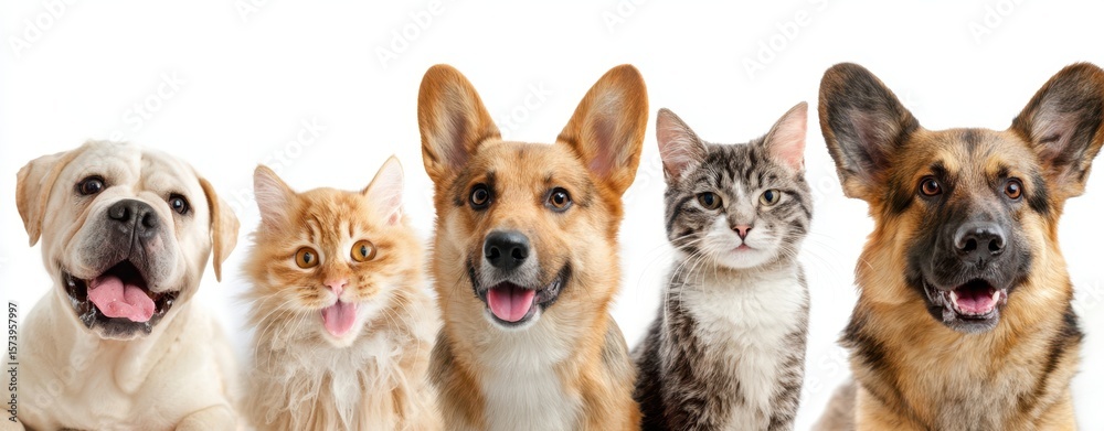 Fototapeta premium The Happy Group of Dogs and Cats Posing Together in a Studio Setting