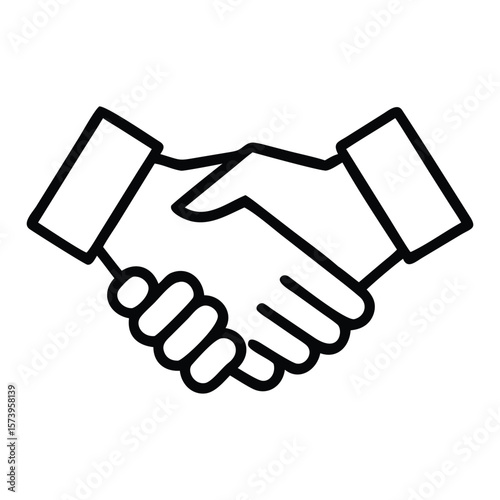 Black and white outlined vector illustration depicting a handshake symbolizing agreement or partnership