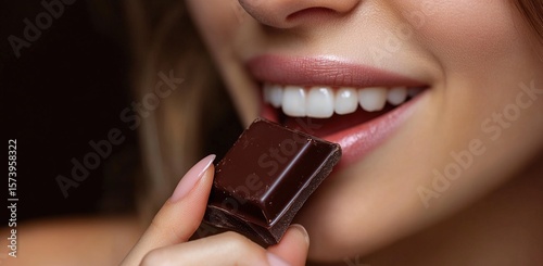 A woman enjoys a piece of dark chocolate, savoring the rich flavor with a blissful expression.