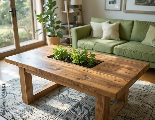 Rustic Wooden Coffee Table with Integrated Herb Planter, Modern Living Room Setting, Calm Atmosphere