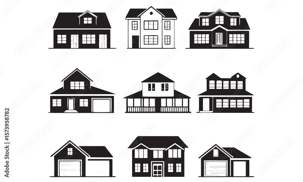 Fototapeta premium Black House Silhouette Vector Set