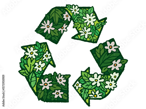 Sketch doodle recycle reuse reduce symbol with leaves and flowers. Hand-drawn style illustration, vector 