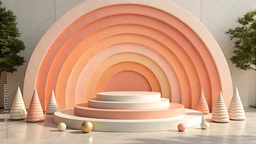 Fototapeta premium Pastel Peach and White Product Display with Geometric Shapes and Trees