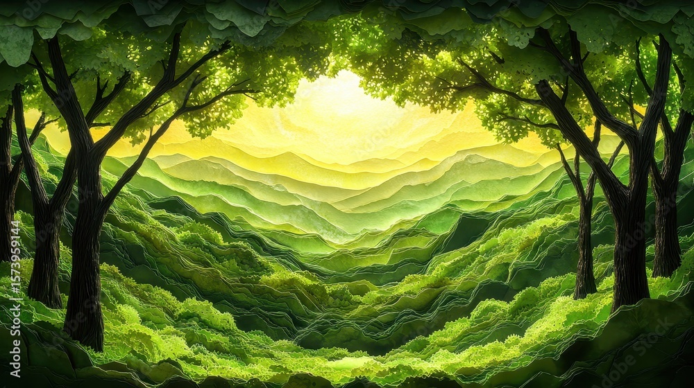 Fototapeta premium Lush green valley sunset, mountain view, nature scene, idyllic landscape, tranquil background