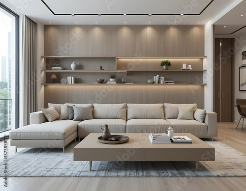 Modern Beige Sectional Sofa in Minimalist Living Room with Built-in Shelving and Area Rug.