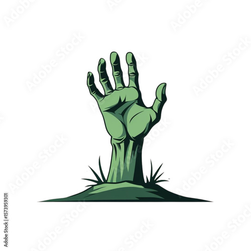 Green zombie hand emerging from the ground with grass