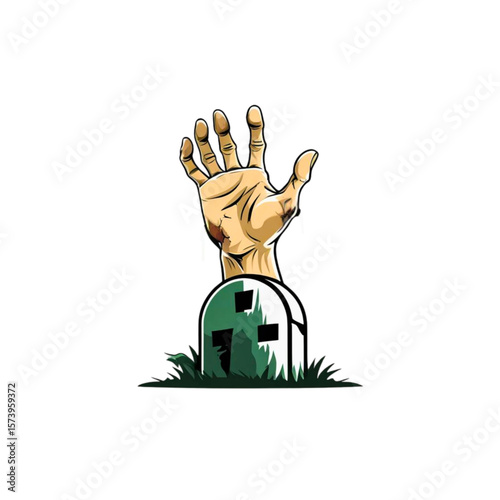 Zombie hand emerging from a grave with a tombstone and grass 