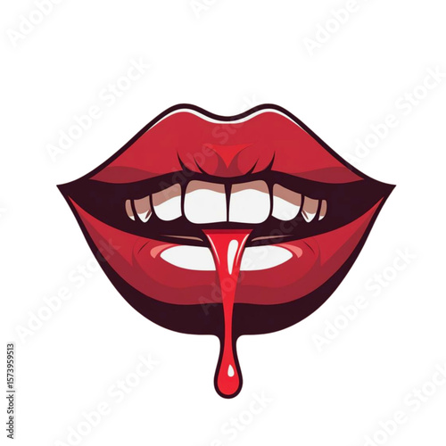 Sensual red lips with a drop of blood dripping from the mouth 