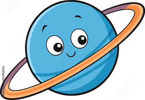 Cute Cartoon Planet with Ring System Smiling