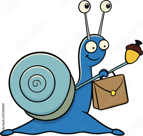 Cute Blue Snail Carrying Briefcase and Acorn