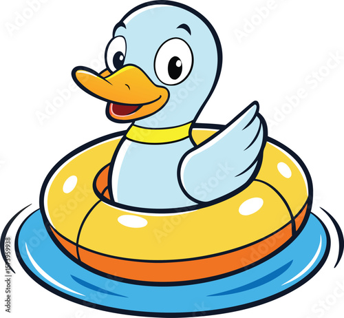 Cute Cartoon Duck Enjoying a Swim in a Bright Yellow Inner Tube