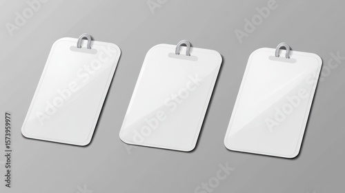 Three Blank White Identity Badges with Metallic Loop Mockup on Gray Backdrop