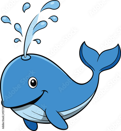 Happy Blue Whale Cartoon Character Spouting Water Isolated on White Background Vector Illustration