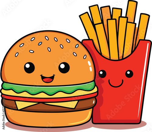 Cute Cartoon Hamburger and French Fries with Kawaii Faces Isolated on White