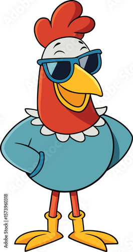 Cartoon Chicken Character Wearing Sunglasses and a Shirt Standing with Hands on Hips and Smiling new 2025 trendy