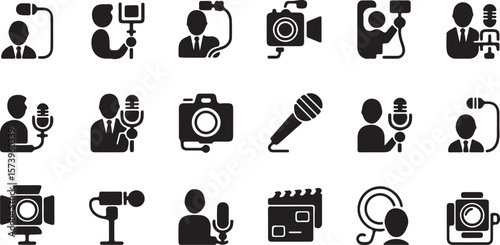 Video Production and Journalism Icons A Collection of Essential Equipment and Personnel Graphics
