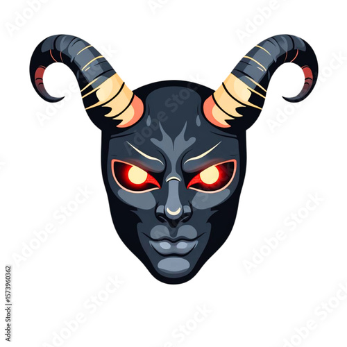 Stylized illustration of a dark demon face with glowing red eyes and curved horns