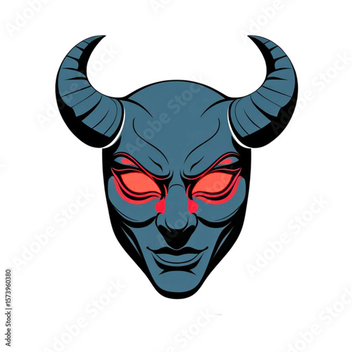 Stylized illustration of a blue demon face with glowing red eyes and curved horns 