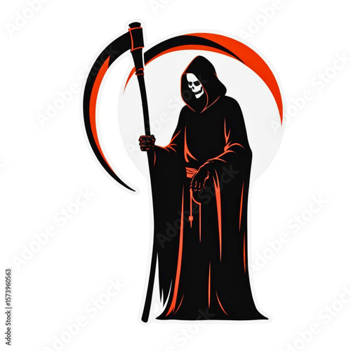 Grim reaper with scythe and glowing orange accents against a white 