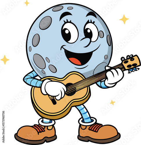 Cartoon Moon Character Playing Guitar and Smiling with Stars Floating Around in a Happy Scene