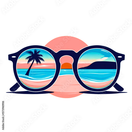 Stylish sunglasses reflecting a vibrant tropical beach sunset with a palm tree and ocean waves