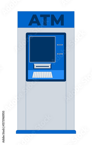 Modern automated teller machine front view 2D cartoon object. Standalone ATM cashpoint terminal with screen, keypad, card slots isolated element flat vector clip art on white. Spot illustration