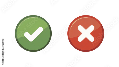 Glossy Green Checkmark and Red Cross Circular UI Buttons on White Background