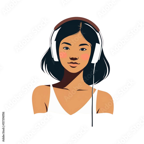 Stylized illustration of a young woman with dark hair wearing white headphones and a white tank top