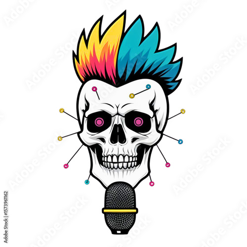Skull with punk mohawk and microphone represents podcasting or music with a dark edgy style