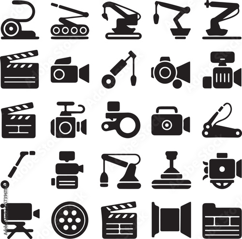 Film Production Equipment Icons Camera, Crane, Clapperboard & More