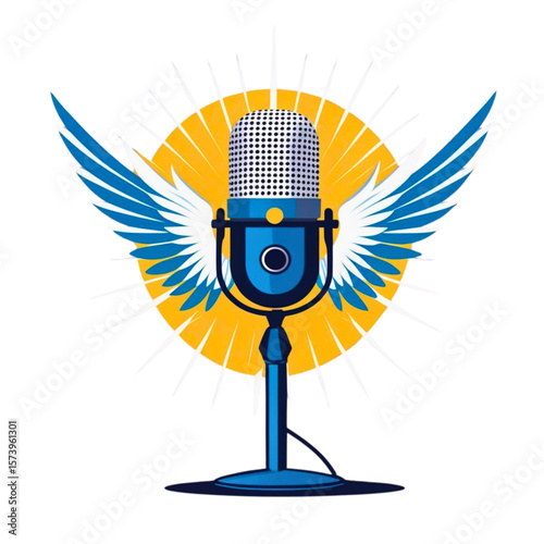 Retro microphone with angelic wings and radiant sunburst symbolizing broadcast or performance